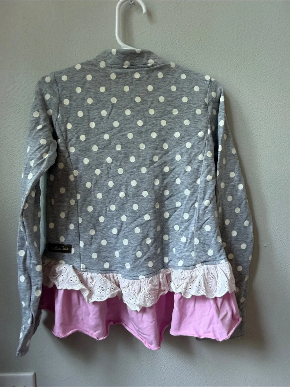Matilda Jane Gray Polka Dot Ruffle Jacket with Pink Trim